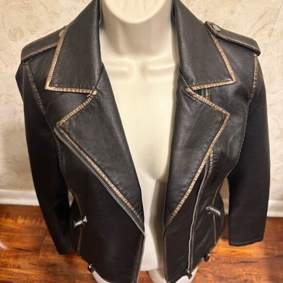 LA Coalition Dark Brown Faux Leather Moto Streetwear Edgy Tan Stitching Jacket S - Picture 2 of 9